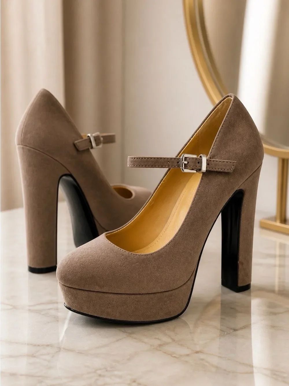 TAUPE SUEDE 5” HEEL PLATFORM ANKLE STRAP ZARA S-7